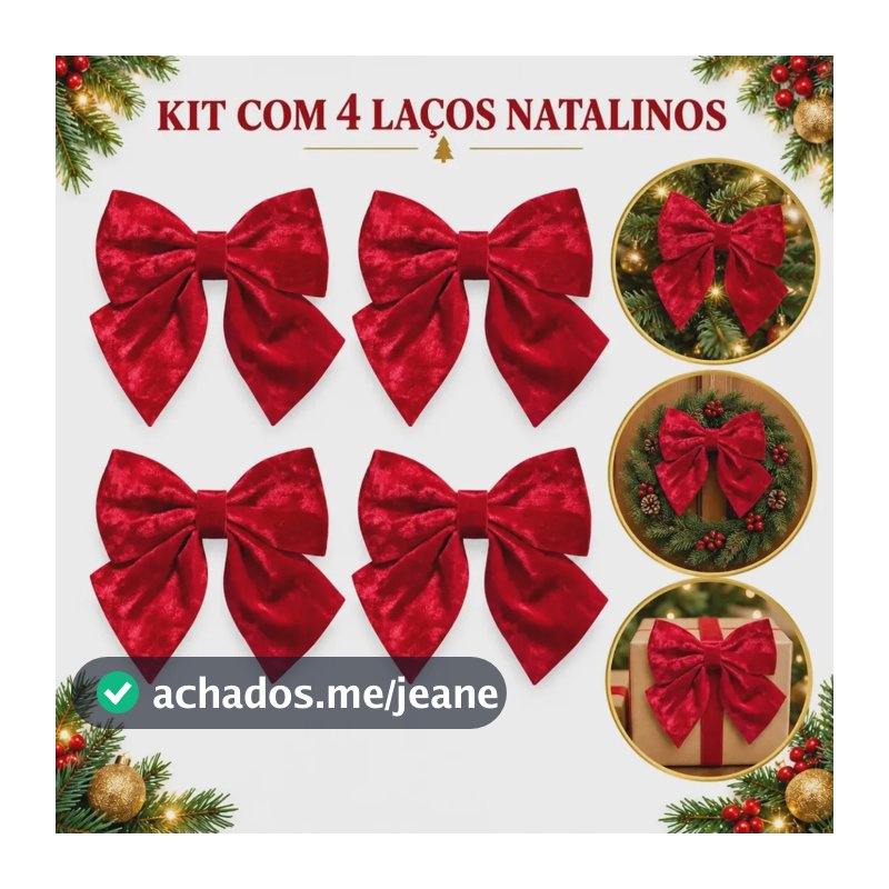 Kit 4 Laços Luxo Grande Veludo Árvore De Natal Enfeite Decorativo Vermelho Elegante Casa Enfance