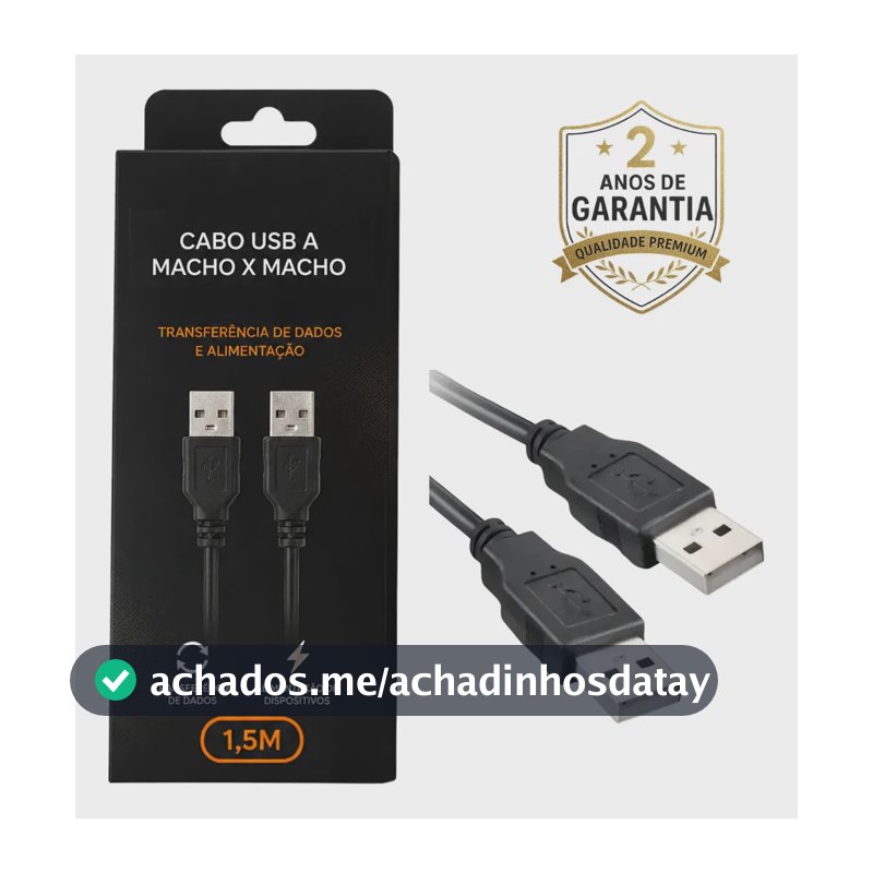 Cabo USB Tipo A Macho x Macho 1,5 Metros Para Transmissão de Dados Equipamentos Eletrônicos Conexão Entre PC Notebook Hub Preto RR88