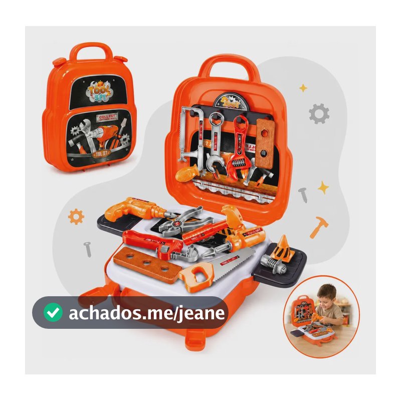 Kit Ferramentas Infantil Maleta e Mochila 3 em 1 com 22 Peças Martelo Serrote Alicate e Chave de Fenda Oficina de Brinquedo Faz de Conta para Criança Kizumba