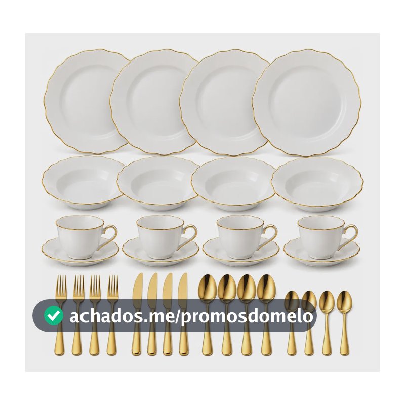 Aparelho De Jantar Branco 32 Peças C/ Xícaras Fio Dourado Branco Fio Dourado