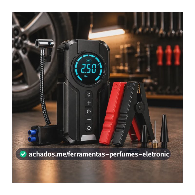Auxiliar de Partida Bateria e Compressor de Ar Portátil 6 em 1 Inteligente para Carro, Moto e Bicicleta com Lanterna e Power Bank