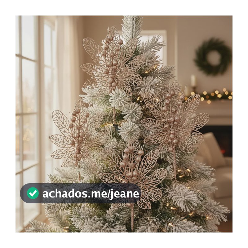 Flores Enfeite Árvore Natal Gliter Rose Gold 45cm Kit 4pçs Rosa Flores