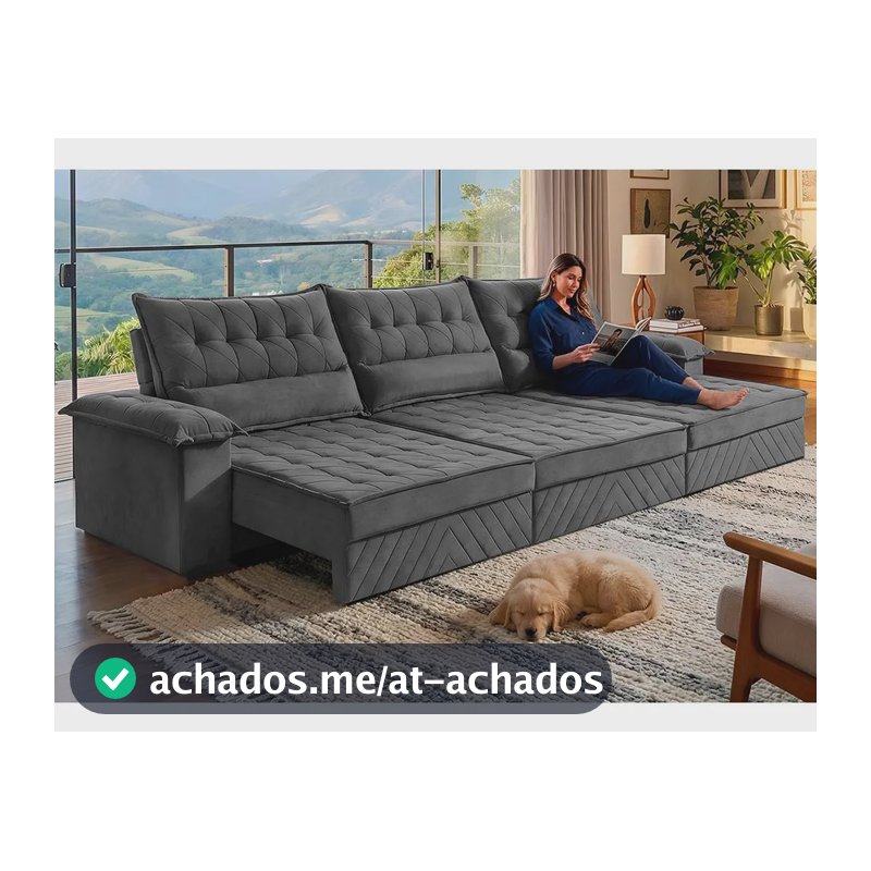 Sofá Retrátil 3,60m Molas E Espuma D33 Thunder. Cama Inbox Cinza Liso