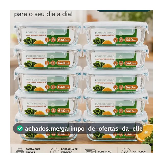 Kit 10 Pote De Vidro Marmita Hermetico 640ml Freezer Fitness Forno Micro-ondas Airfryer Com 4 Travas de Super Vedação Borossilicato Conjunto Organizador de Cozinha Geladeira Anti Vazamento