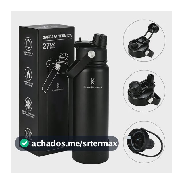 Garrafa Térmica 800ml Inox Bico Duplo Canudo Alça Esporte Preto