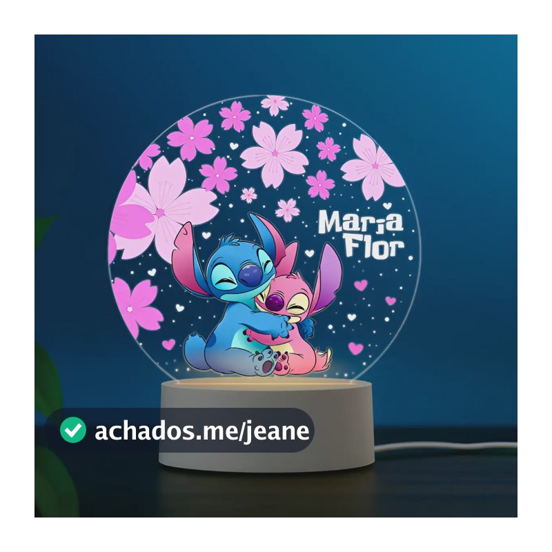 Luminária Uv Stitch E Angel -quarto Bebe-nome Personalizável Branco