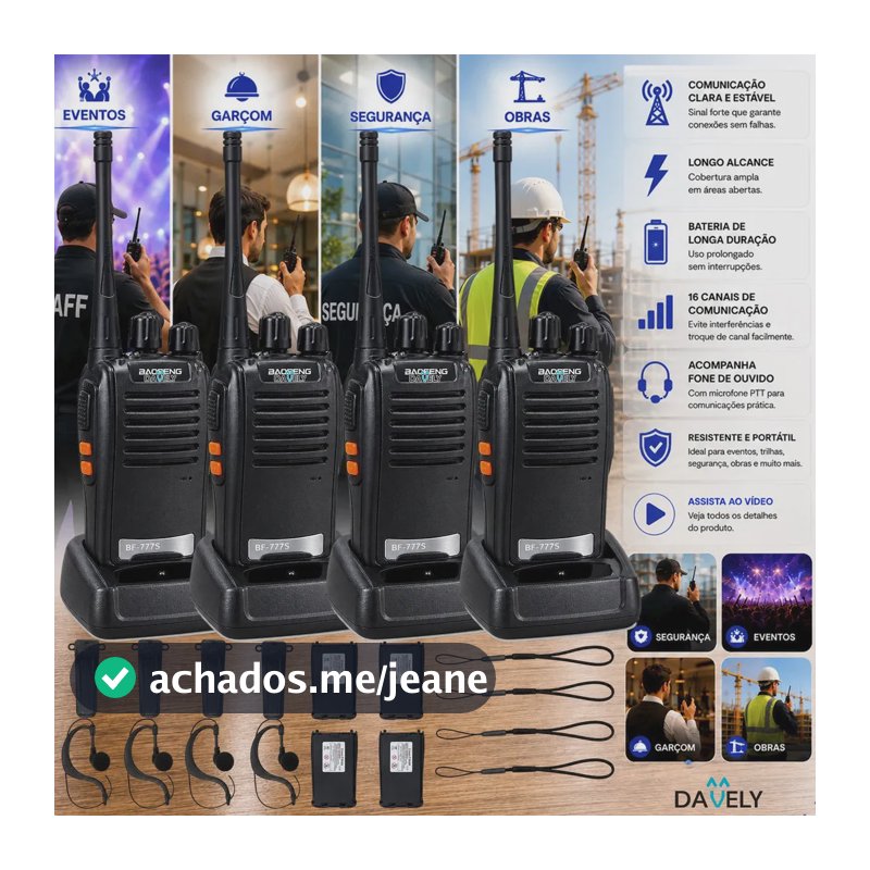 Kit 4 Rádios Comunicadores Walkie Talkie Profissional Eventos HT UHF Radinho walk talk - Com Fone Microfone e Acessórios Comunicação Segura Longo distancia Segurança Garçom Portátil Antena PTT Davely