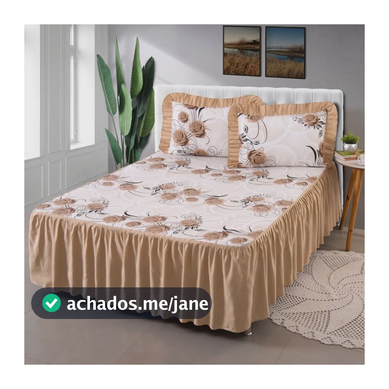 Colcha Queen Pinta e Borda Floral Bege Com Babado + 2 Porta Travesseiros