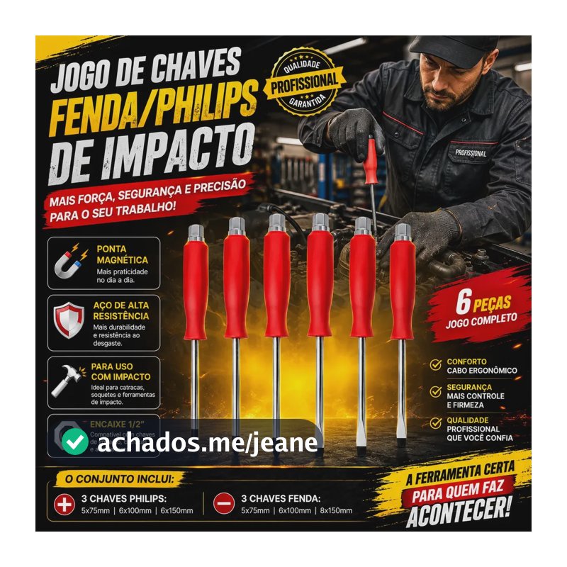 Jogo De Chaves 3 Fenda 3 Philips 6 Peças Cabeça De Impacto