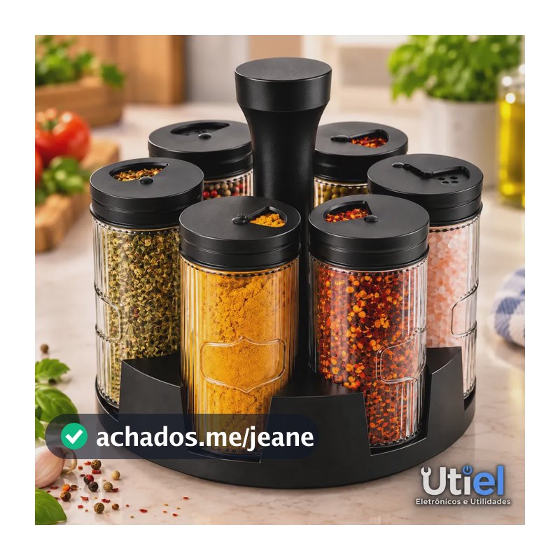 Porta Temperos Condimentos 6 Potes De Vidro Giratória Preto