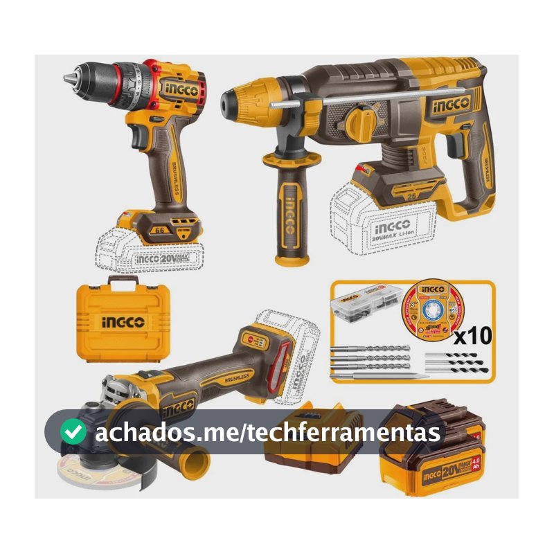 Combo Ingco Parafusadeira, Martelete E Esmerilhadeira 20v