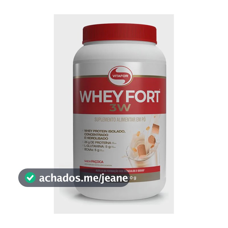 Suplemento Proteico Vitafor Whey Fort 3W Sabor Paçoca Proteínas Concentrada, Isolada e Hidrolisada Pote 900g