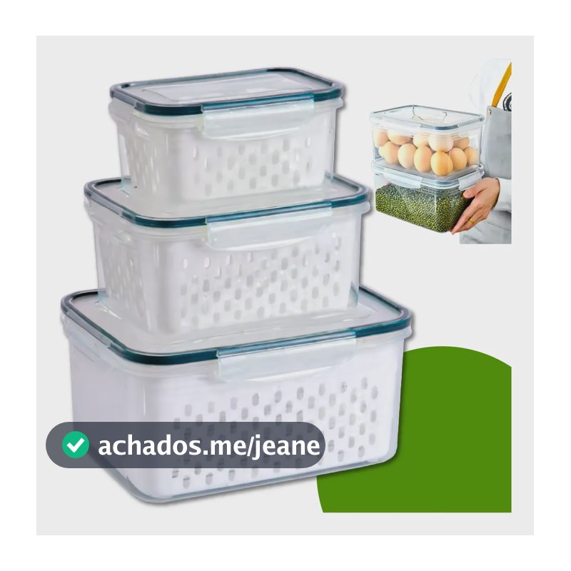Kit 3 Potes Herméticos Com Escorredor Organizador Geladeira Transparente