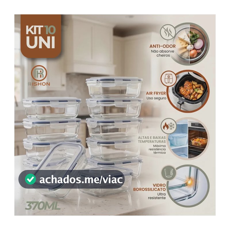 Kit 10 Pote De Vidro Marmita Hermético 370ml Freezer Fitness Rishon