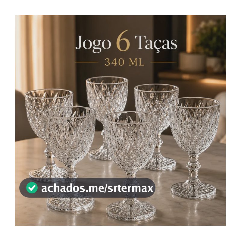 Jogo 6 Taças De Vidro Diamond 340 ml Com Pé Lapidadas Transparentes Textura Diamante Em Relevo Para Vinho Água Suco Espumante Champanhe Gin E Drinks Kit Conjunto Cálice De Vidro Lapidado 6 Unidades