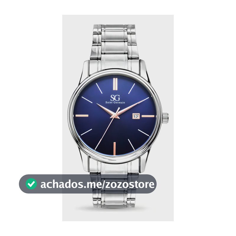 Relógio Masculino Clássico Pulseira Prata Correia Prateada Bisel Prateado Fundo Azul Marinho Saint Germain 42mm Elegante Detalhes Bronze