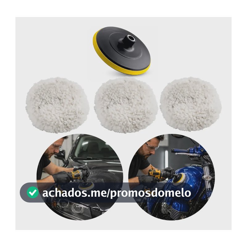 Kit Polimento Automotivo de Lã para Furadeira e Esmerilhadeira Com 3 Boinas e Adaptador
