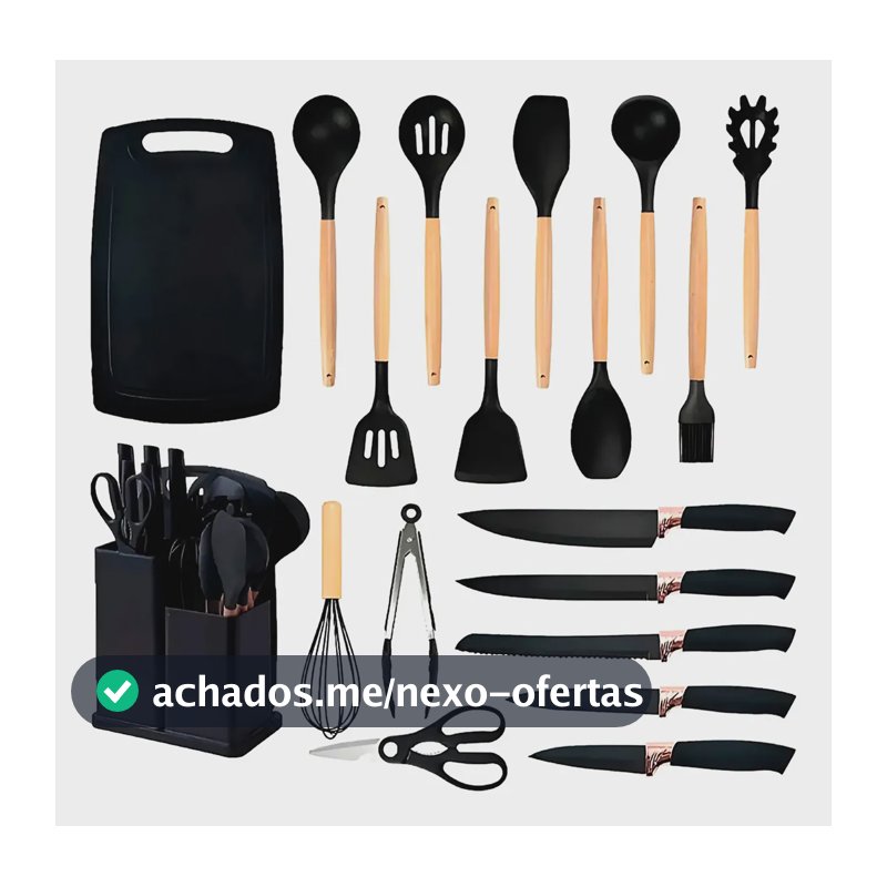 Conjunto 19 Peças Utensílios Cozinha Silicone Preto Helplo