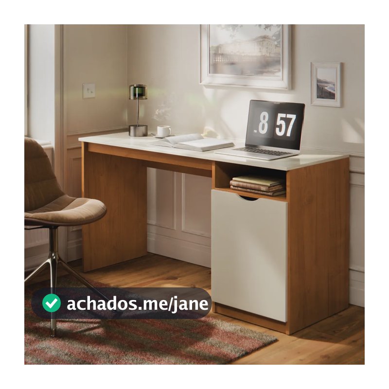 Escrivaninha Para Computador 115cm Com Porta E Nicho Mesa Home Office Escritório Quarto Estudo Notebook Moderna Canela Off White