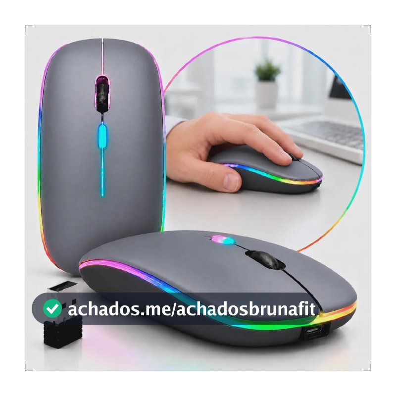 Mouse Sem Fio Recarregável Wireless Bluetooth Optico Led Rgb Ergonômico Para Pc Desktop Notebook Tablet Smartphone Cinza
