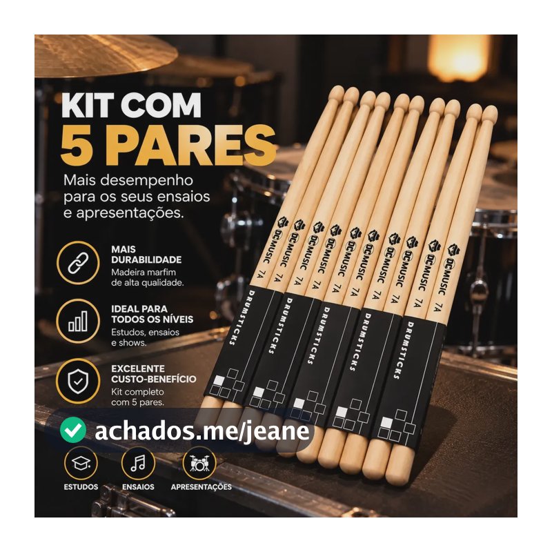 Kit 5 Pares De Baquetas De Bateria Profissional Dc Music Madeira 7a