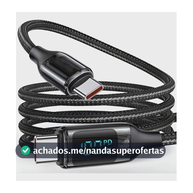Cabo Carregador Rápido 100w Turbo Mostrador Led Usb Tipo C Preto