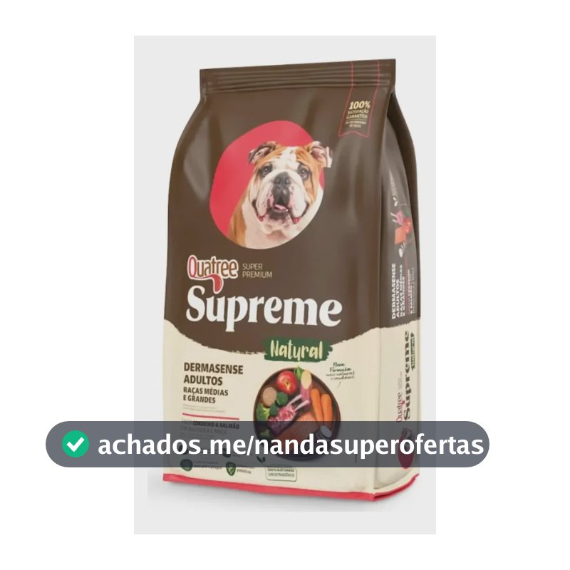 Quatree Supreme Cães Dermasense Adultos de Raças Médias e Grandes, Sabor Cordeiro e Salmão, 15 kg