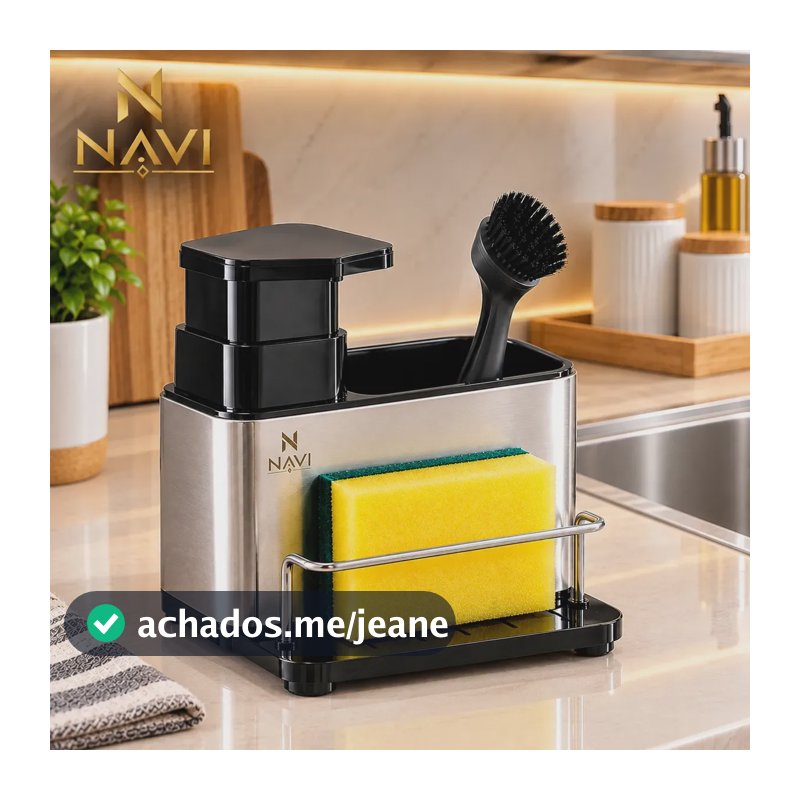 Dispenser Detergente Inox Premium 3 em 1 Organizador de Pia Sabão Cozinha Porta Esponja Suporte Multiuso para Pia de Cozinha Acessório Prático e Moderno Navi