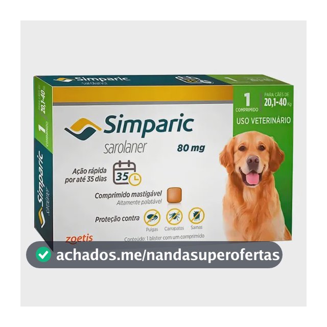 Antipulgas E Carrapatos Simparic 80mg 20,1 A 40kg - Caixa com 1 Comprimido - Zoetis