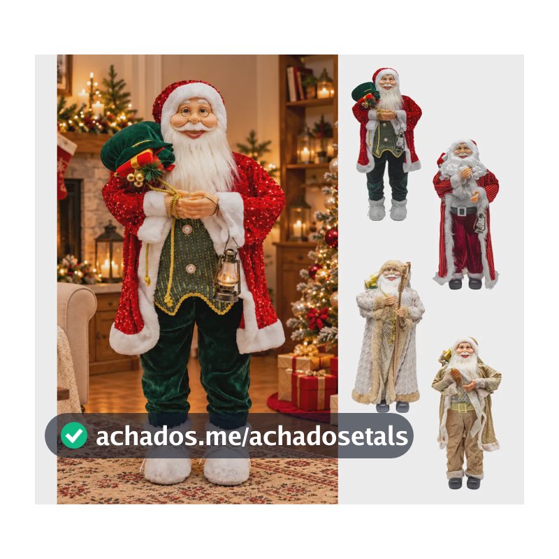 Boneco Papai Noel 90cm Grande Decorativo Luxo Natalino Lampião Lantejoulas Na