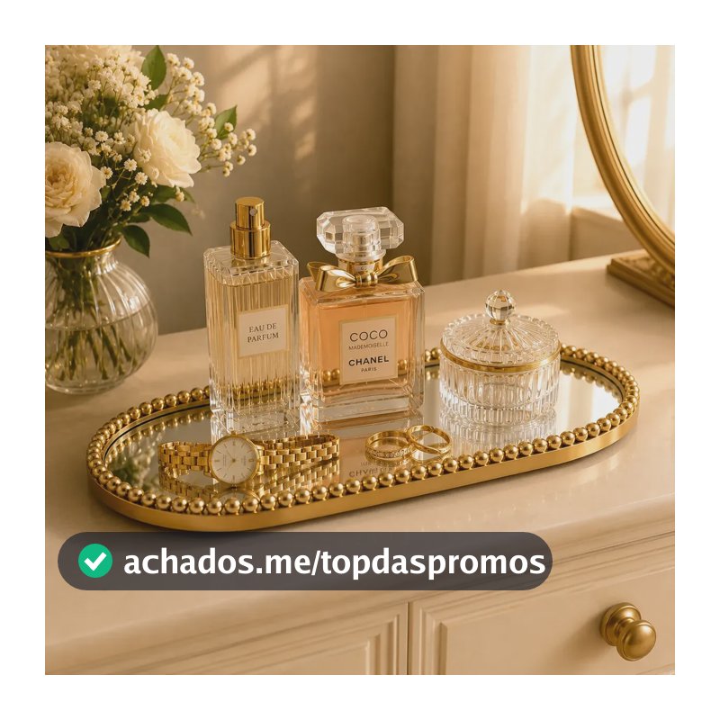 Bandeja Decorativa Oval Espelhada Dourada Perfume Luxuoso Dourado