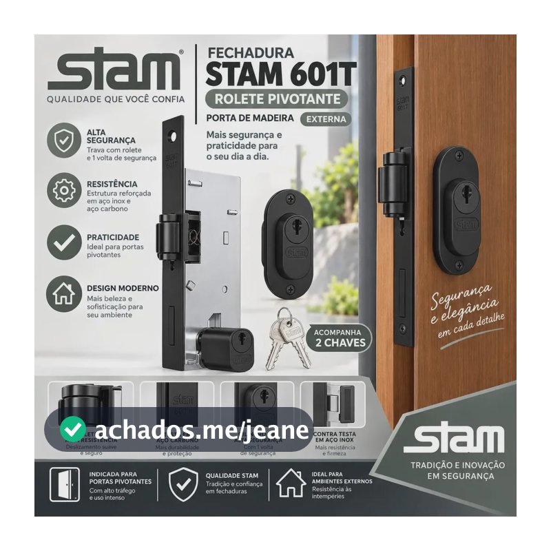 Fechadura Rolete Stam 601 Pivotante Preto Perfil Estreito