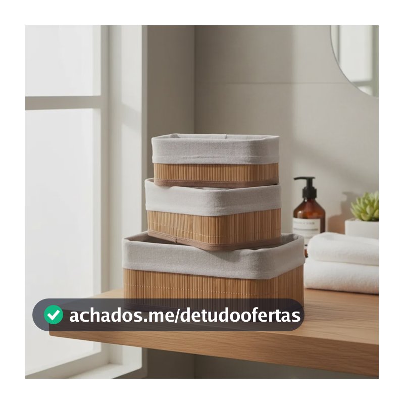 Kit 3 Cestos Bambu Forro Lavável Retangular Armazenar Objeto Palha Organizadores Retangulares Multiuso Casa Ecológico Decoração Banheiro Cozinha