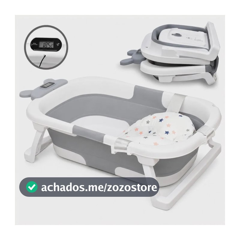 Banheira Bebê Dobrável Mid Cinza Termômetro Viagem Premium Cinza