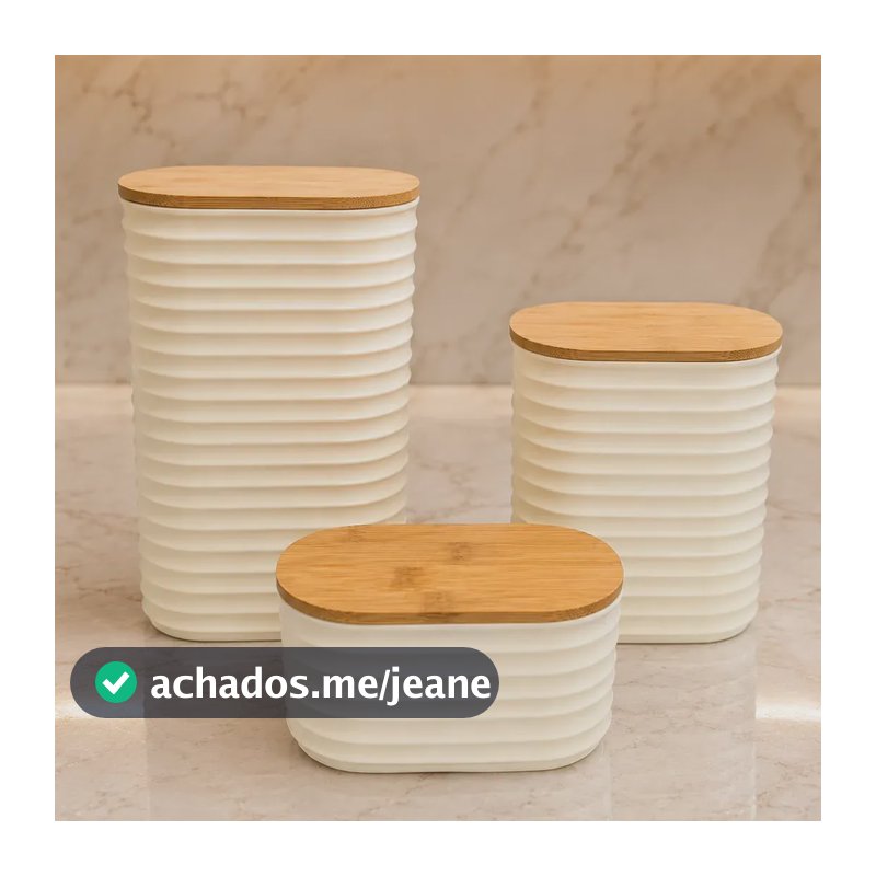 Kit Pote Porta Mantimentos Plástico Tampa De Bambu Cozinha Kit De 3 Off White Pmg