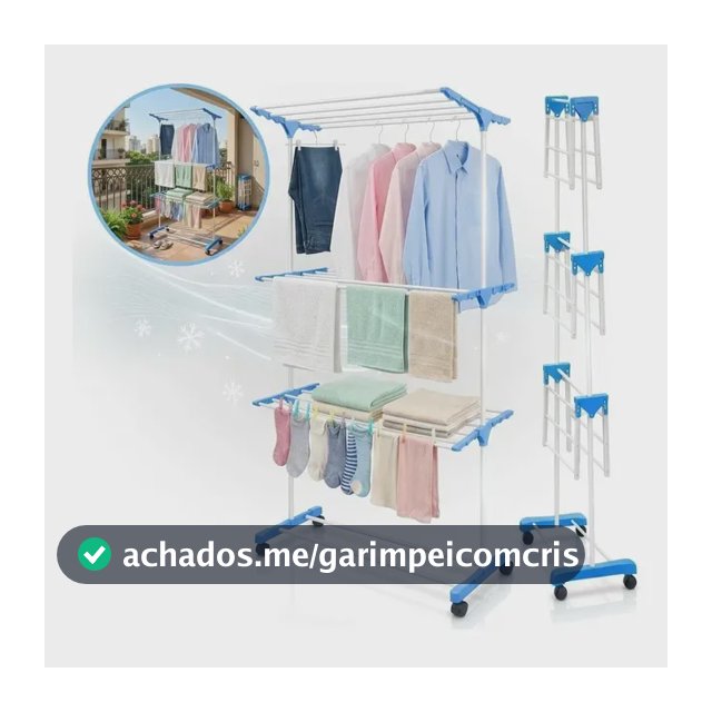 Varal de Chão Dobrável 3 Andares c/ Rodas e 2 Asas Extensíveis, p/ Roupas e Calçados, Aço Reforçado 40kg