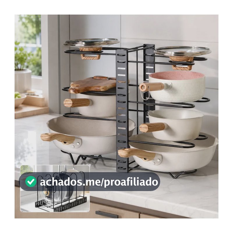 Organizador de panelas e frigideiras ajustável, prateleira de cozinha de 8 camadas, cor preta, 3 métodos de bricolage