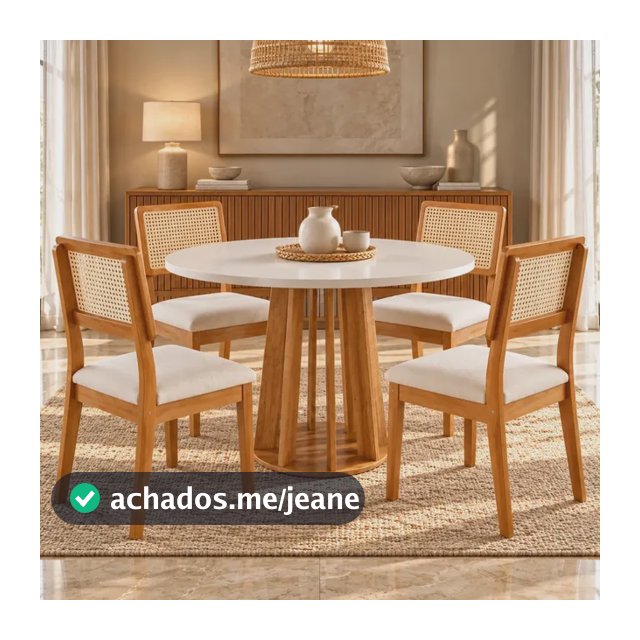 Conjunto de Jantar Mesa Redonda Melody 90 com 4 Cadeiras Aris de MDF Cinamomo e Estofado Areia