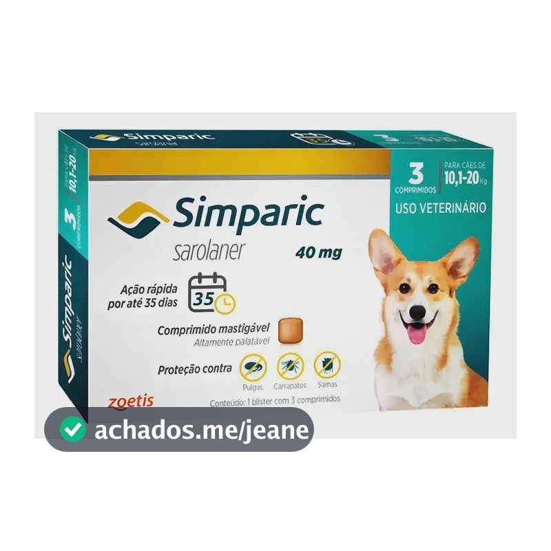 Antipulgas Zoetis Simparic 40mg Cães 10,1-20kg 3 Comprimidos