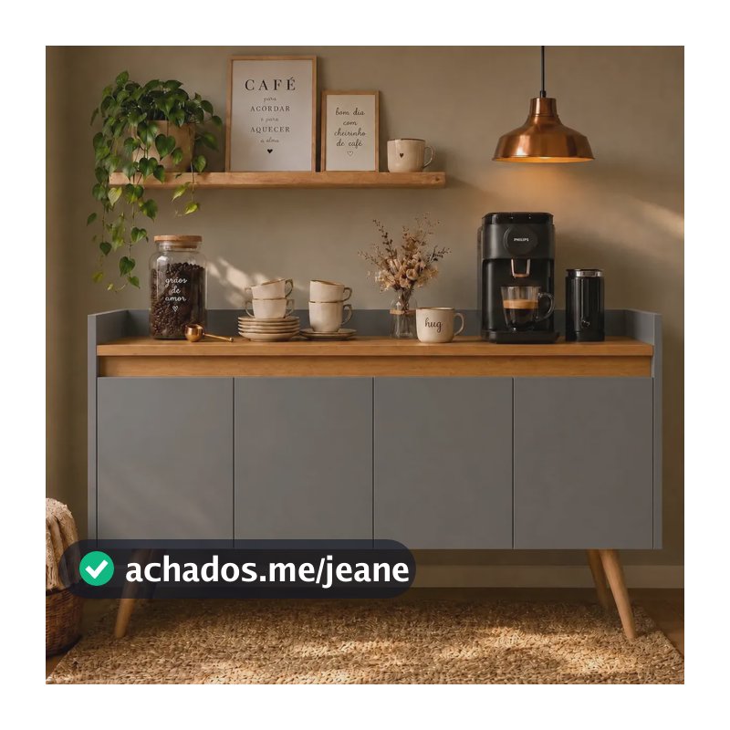 Buffet Aparador Móveis Primus Gold 4 Portas Cinza Mel 160cm com Tampo Marmorizado para Sala de Jantar