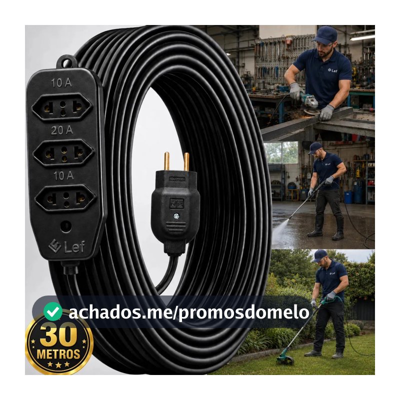 Extensão 30metros Cabo Pp Reforçada Obra Profissional 10A/20A Preto Two Lef