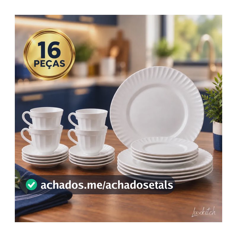 Aparelho De Jantar + Jogo Chá 16 Peças Completo Branco Liso Vidro Mesa Posta Resistente Moderno Luxkitch