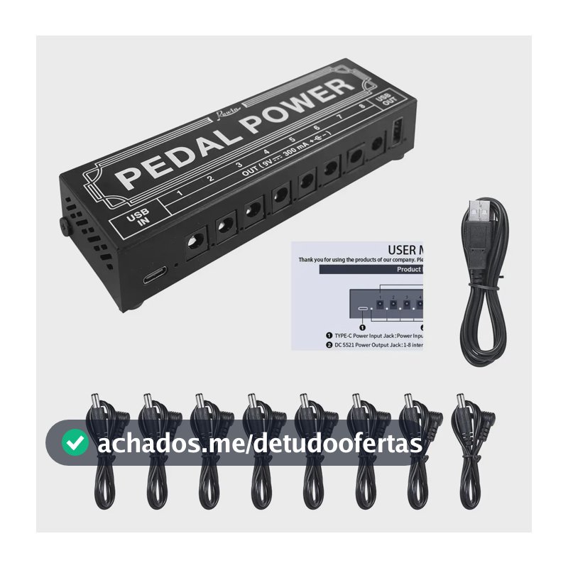 Fonte de Alimentação Rowin PW-2 para Pedais de Guitarra, com 8 Saídas de 9V