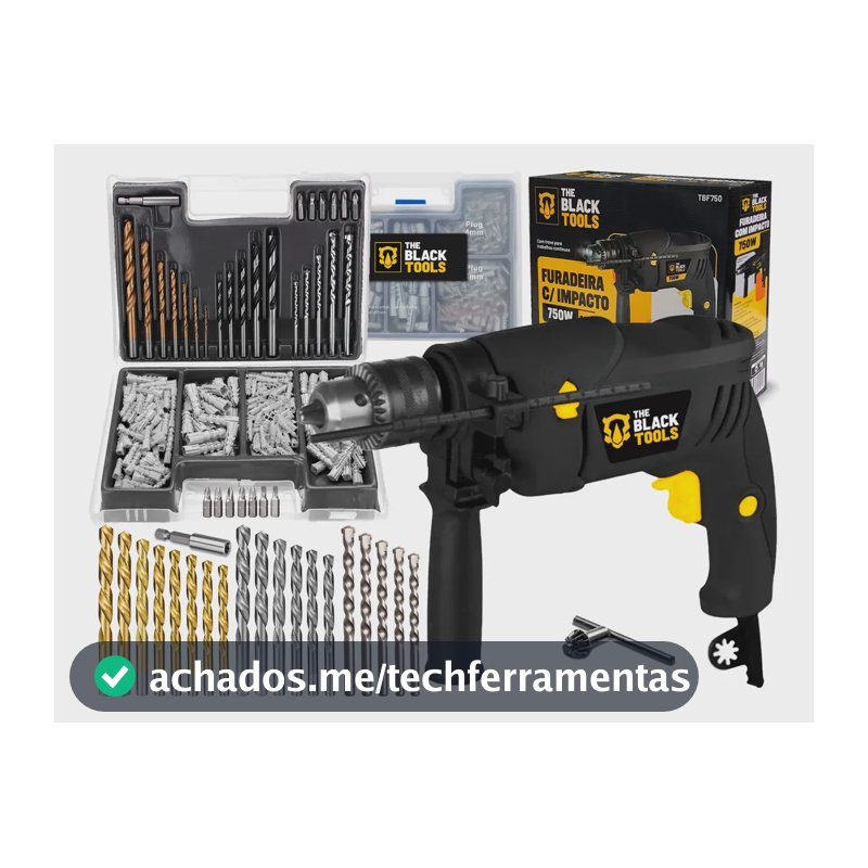 Furadeira De Impacto 13mm 750w Profissional Com Kit Brocas Buchas E Bits 300 Peças The Black Tools