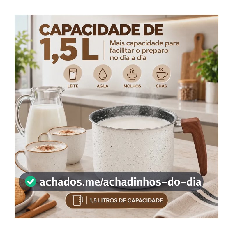 Leiteira Fervedor Antiaderente 1,5L Granito Alumínio para Indução Gás Elétrico Vitrocerâmico Cabo Amadeirado Branco Granito