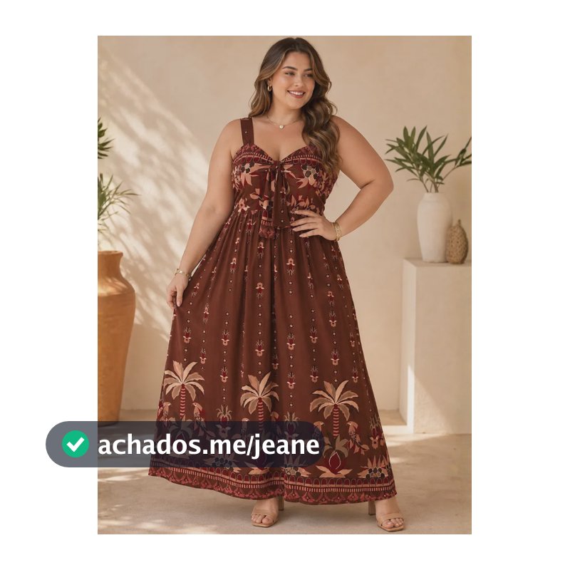 Vestido Plus Size Longo Estampado Alça Grossa Verão Fresco Marrom Estampado 50-52