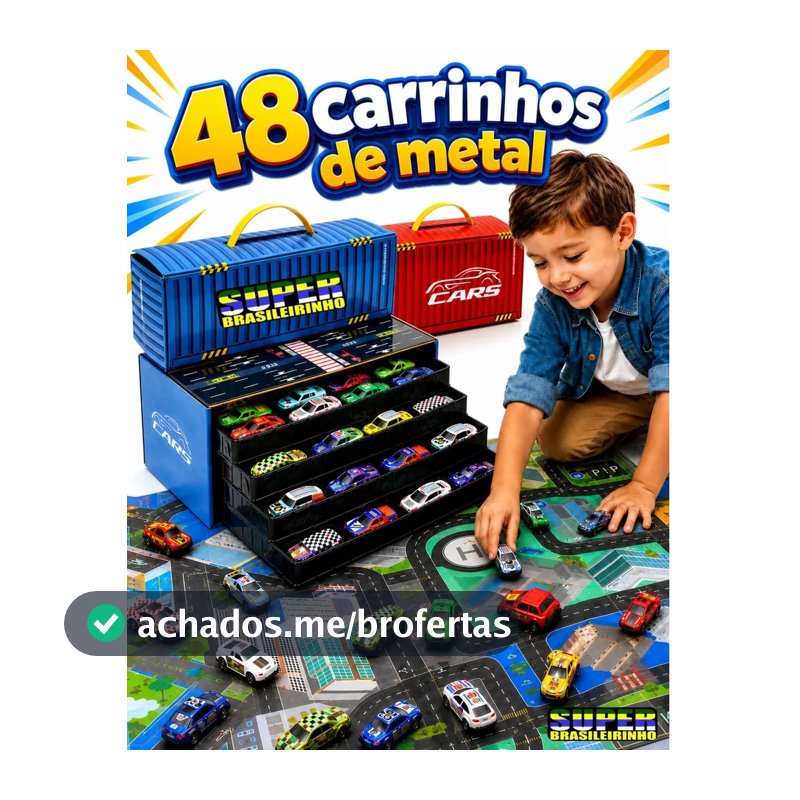 Maleta 48 Carrinhos + Tapete Pista 40x60 Estacionamento Brinquedo Infantil Presente Criança - Super Brasileirinho