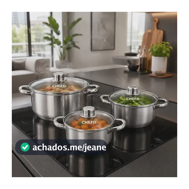 Jogo de Panelas Chef D Aço Inox 6 Peças 3 Caçarolas 3 Tampas de Vidro Fundo Triplo Fogão Indução Gás Elétrico Saudável Sem BPA Atóxico