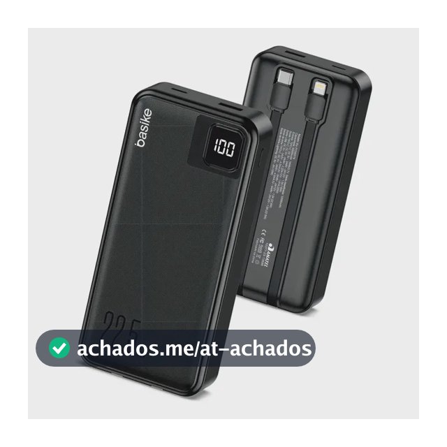 Power Bank Basike 20000mAh Preto, Carga Rápida 22.5W para iPhone e Samsung, Com Cabos Embutidos e Display