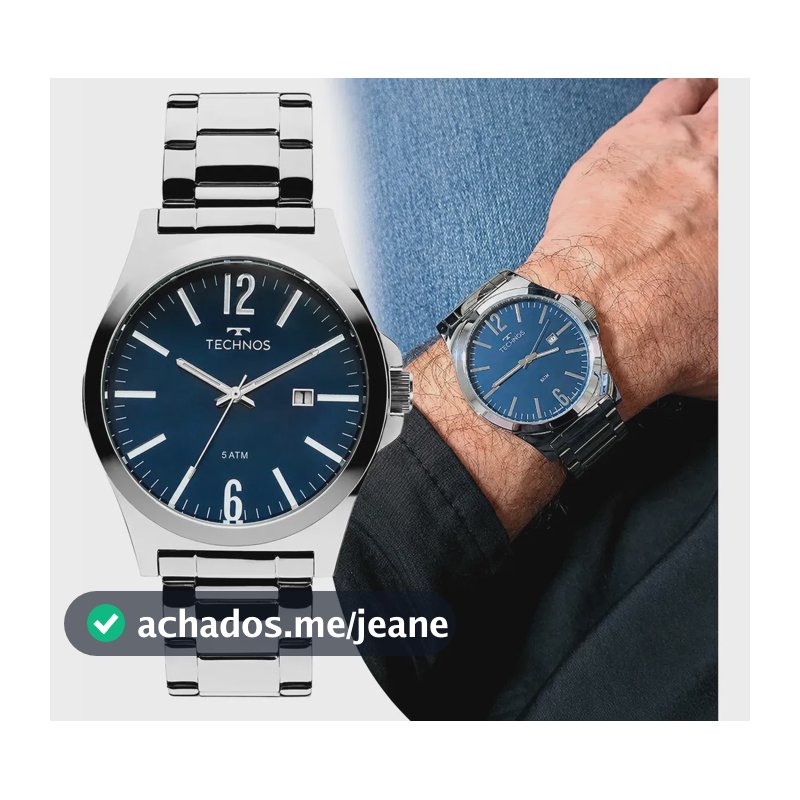 Relógio Masculino 43mm Technos Clássico Fundo Azul Aço Prateado Com Calendário